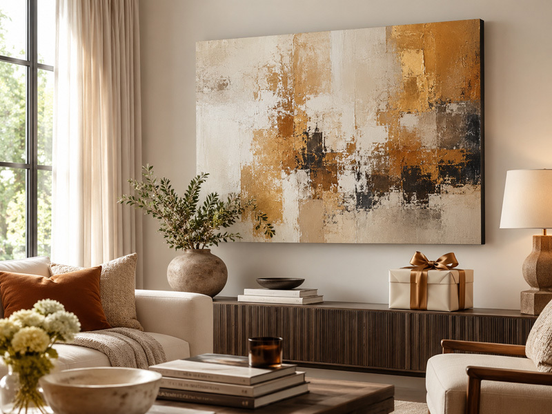 A cozy modern living room featuring a large abstract artwork on canvas print above a console table, with a wrapped gift nearby. This image shows how canvas prints can make a thoughtful and stylish gift for art lovers.