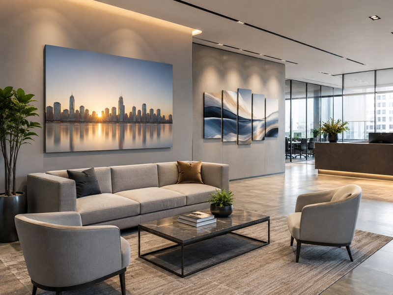 Canvas Prints for Business Office Wall Art and Interior Design Modern office lounge featuring professional canvas prints on the walls, creating a stylish and inspiring workspace environment.