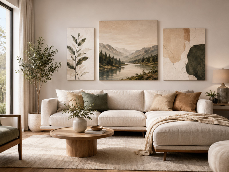 Canvas Prints Display Ideas for Modern Living Room Wall Art Modern living room featuring multiple canvas prints displayed above a sofa, showing stylish wall art placement ideas for home decor.