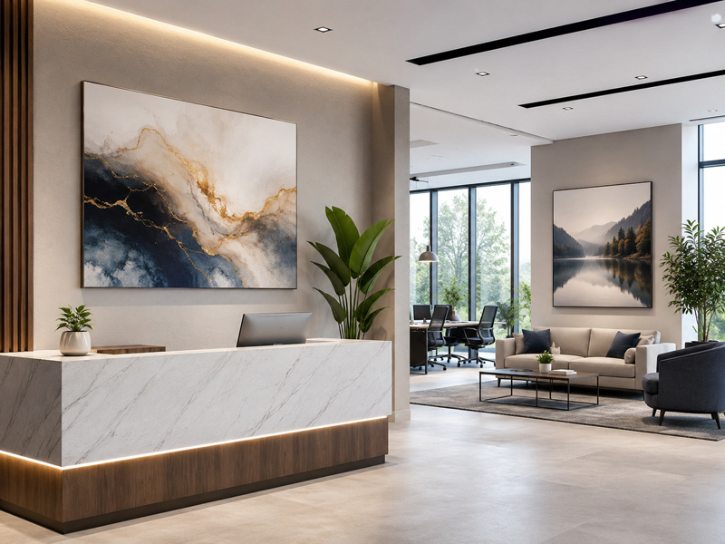 Canvas Prints for Professional Office Wall Art Large canvas prints displayed in a modern office reception area, creating a professional business environment with stylish wall art and natural light.