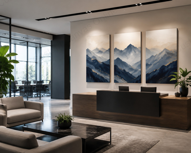 Modern Corporate Conference Room with Canvas Wall Art for Business Branding A modern corporate conference room designed for business branding, featuring minimalist interior styling, natural lighting, and large-scale wall art canvas prints that enhance brand identity and create a professional, premium workspace atmosphere. Ideal for companies focusing on interior branding and customer experience.