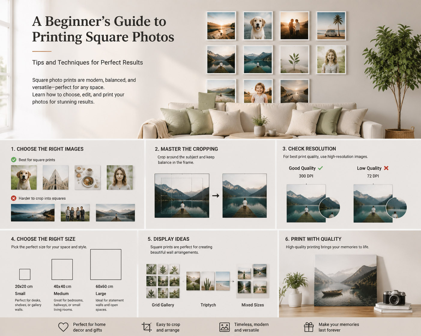 Infographic guide showing how to print square photo prints, including cropping, resolution, size selection, and display ideas for home wall art.