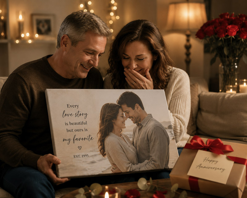 Personalized Canvas Gift Ideas for Couples Couple receiving a personalized canvas gift during their anniversary celebration, creating an emotional and memorable moment
