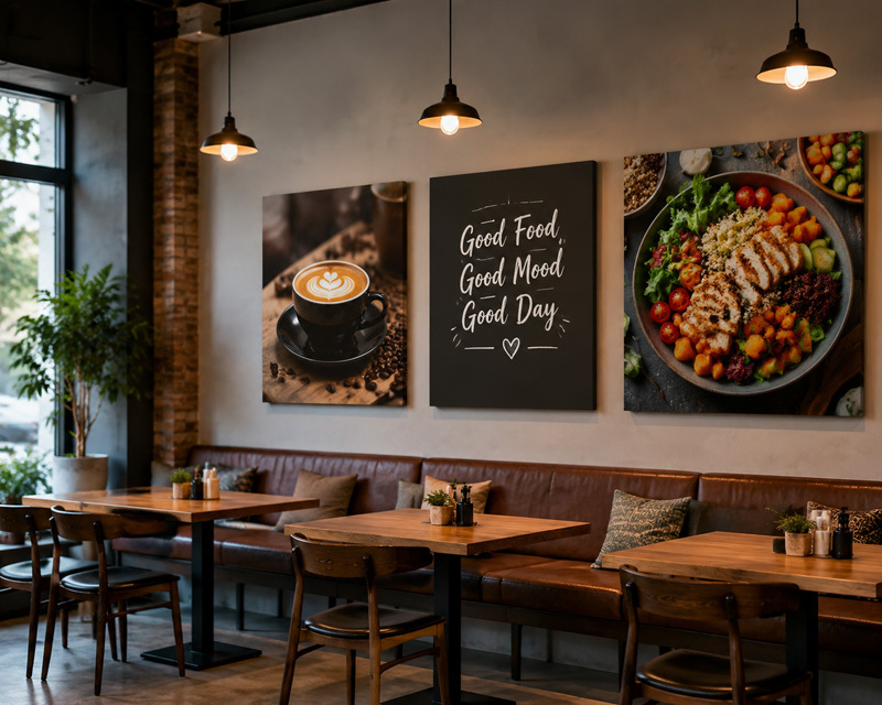 Canvas Prints for Restaurants and Cafes Wall Decor Ideas Modern cafe interior featuring custom canvas prints on the walls, including coffee and food photography artwork creating a stylish dining atmosphere.